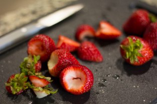 Cut and cored strawberries