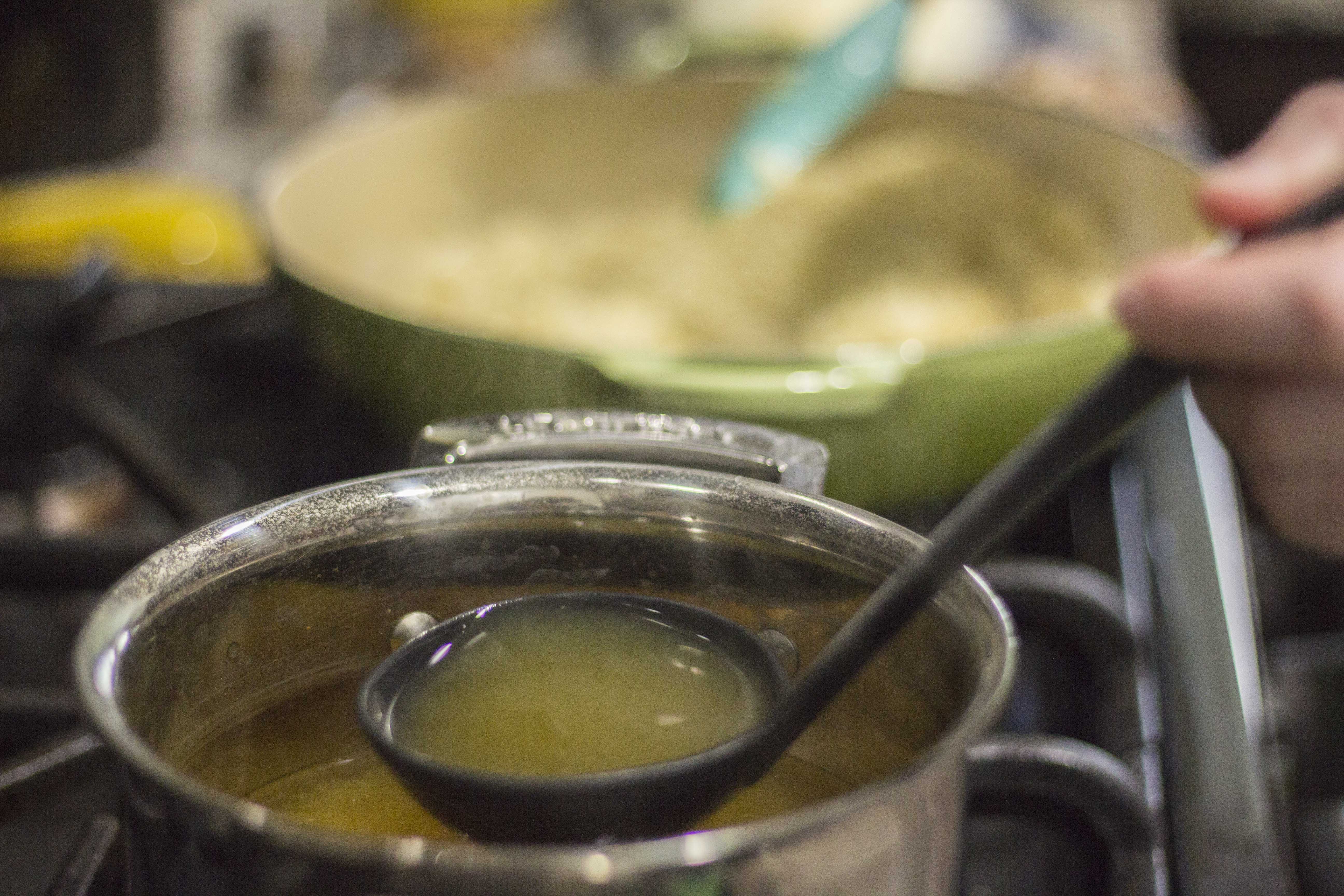 The broth and risotto set up